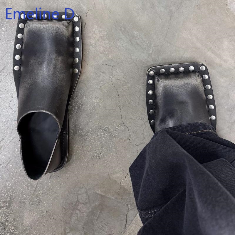 Flip Flop Leather Men - Unisex Square Toe Mule Slides Faded